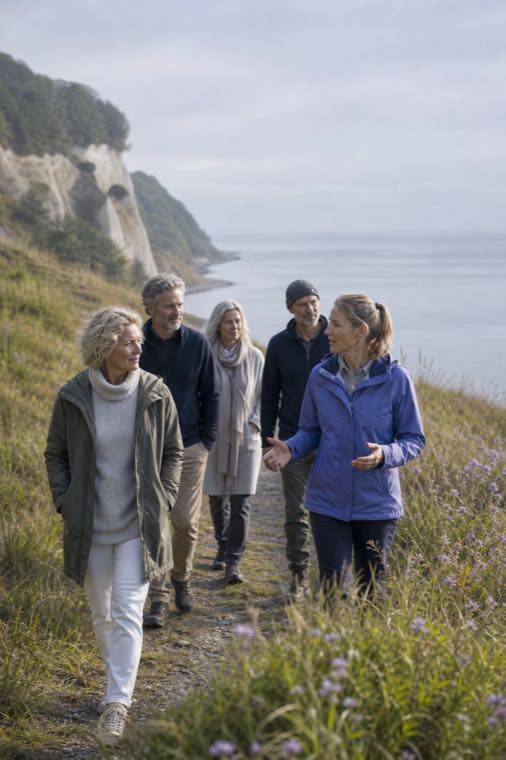 Eine Gruppe wandert auf einem Küstenweg am Meer