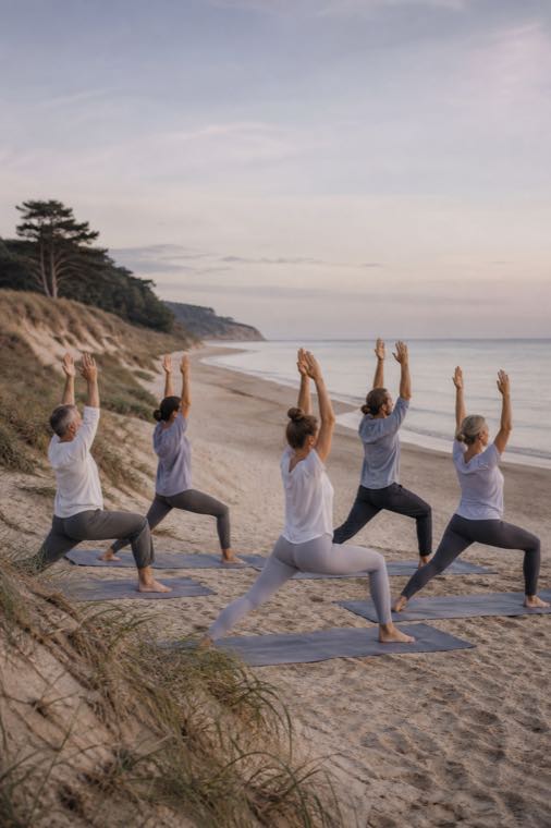 Gemeinsame Yogapraxis im Freien am Meer